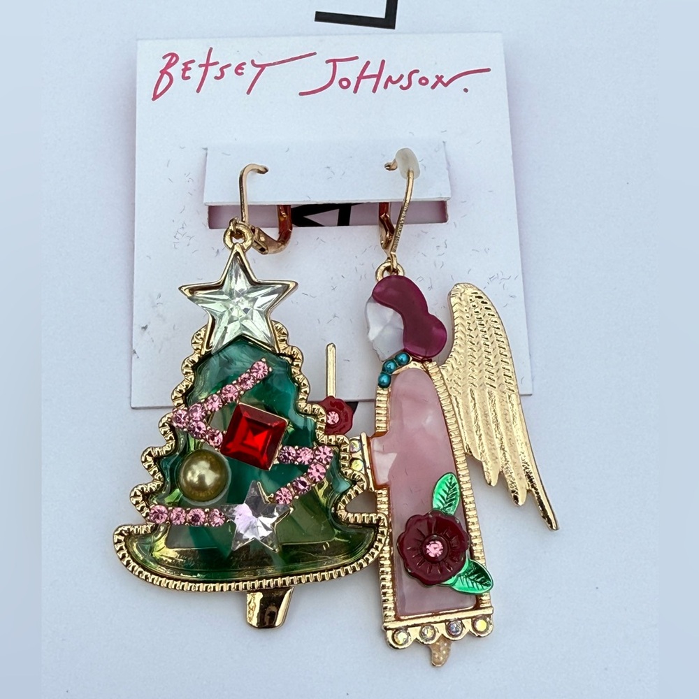 NWT! Betsey Johnson Festive Tree and Angel Earrings - Green, Red, Gold Sold Out